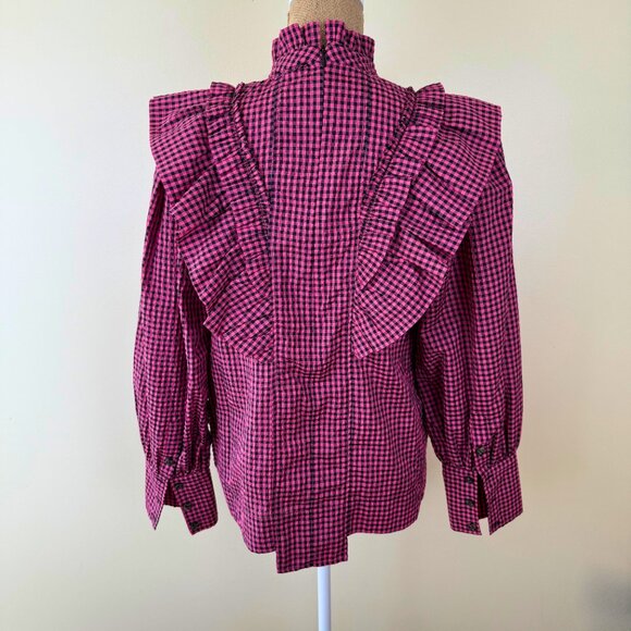 Ganni Pink & Black Gingham Ruffle Blouse NWT Size 38 - Picture 3 of 11